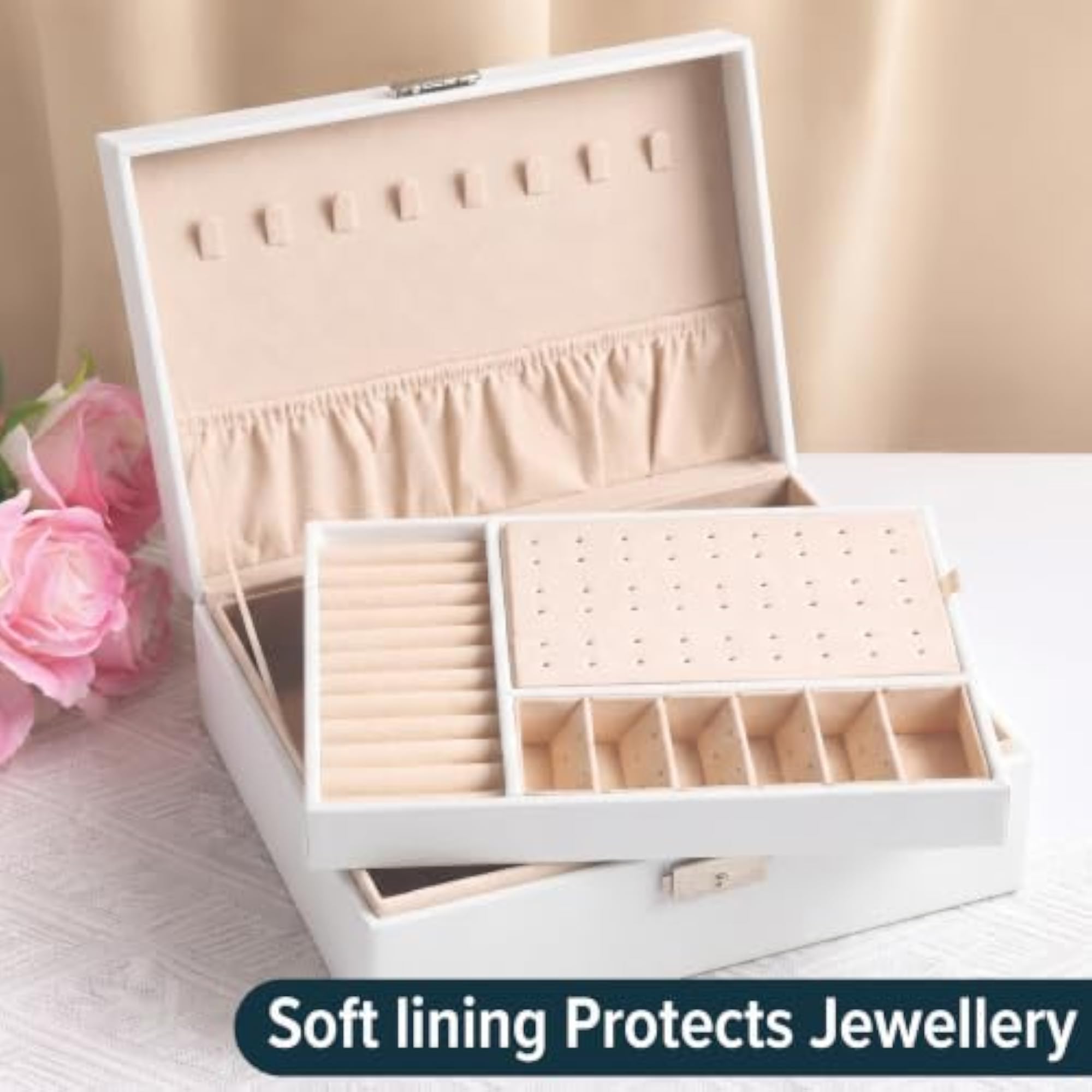 Lockable Jewelry Organizer Box for Women, 2 Layer PU Leather
